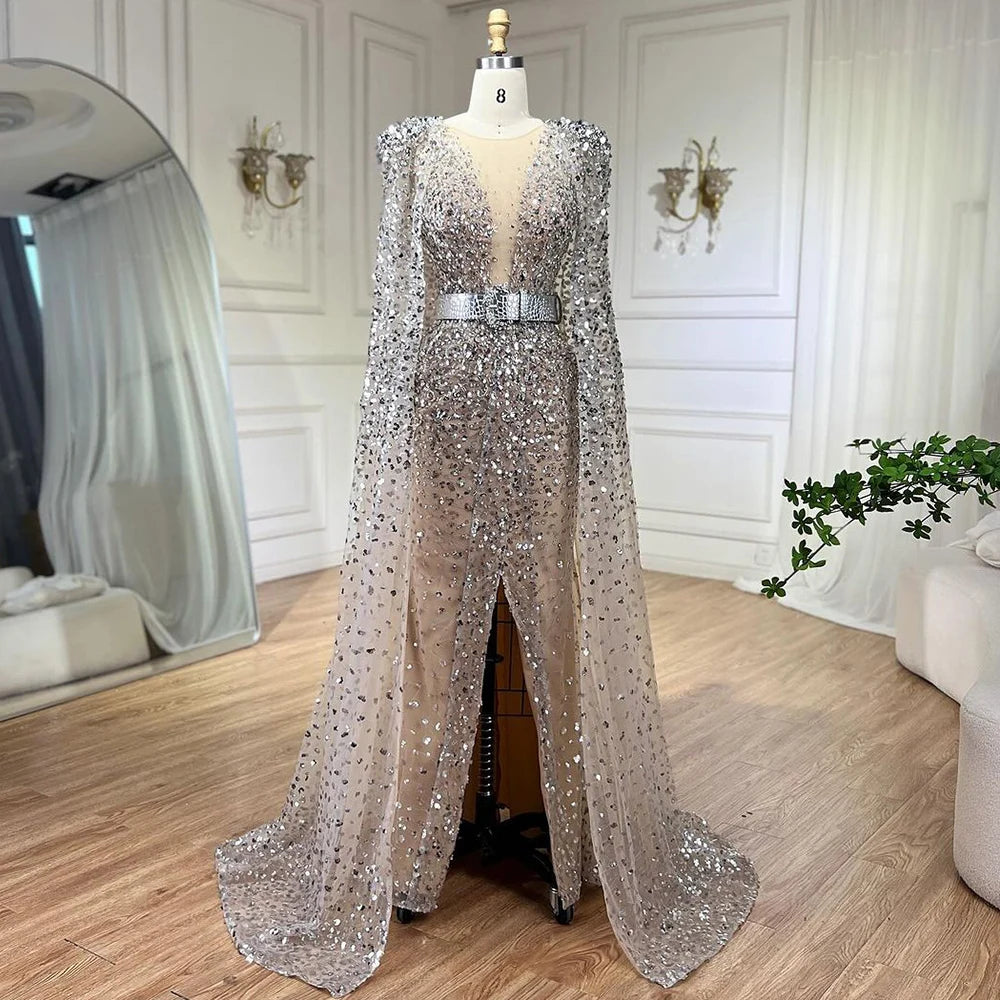 Serene Hill Nude Mermaid Evening Gown with Luxury Cape Sleeves Beaded Elegance and Backless for Women&