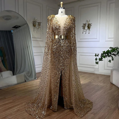 Serene Hill Nude Mermaid Evening Gown with Luxury Cape Sleeves Beaded Elegance and Backless for Women&