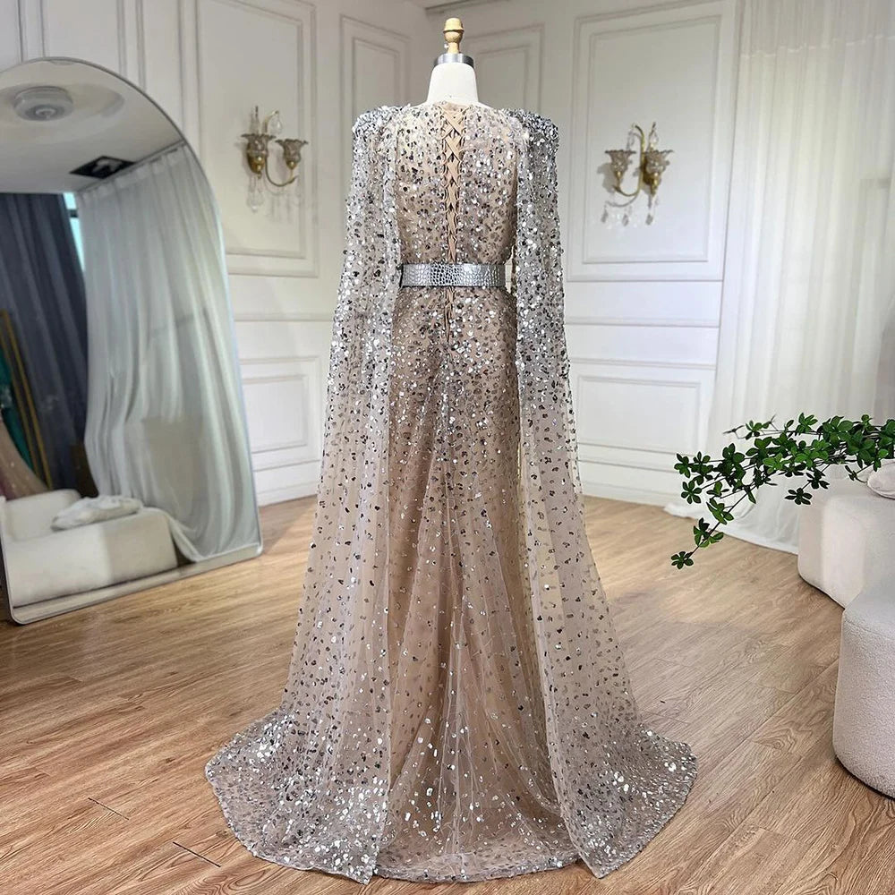 Serene Hill Nude Mermaid Evening Gown with Luxury Cape Sleeves Beaded Elegance and Backless for Women&