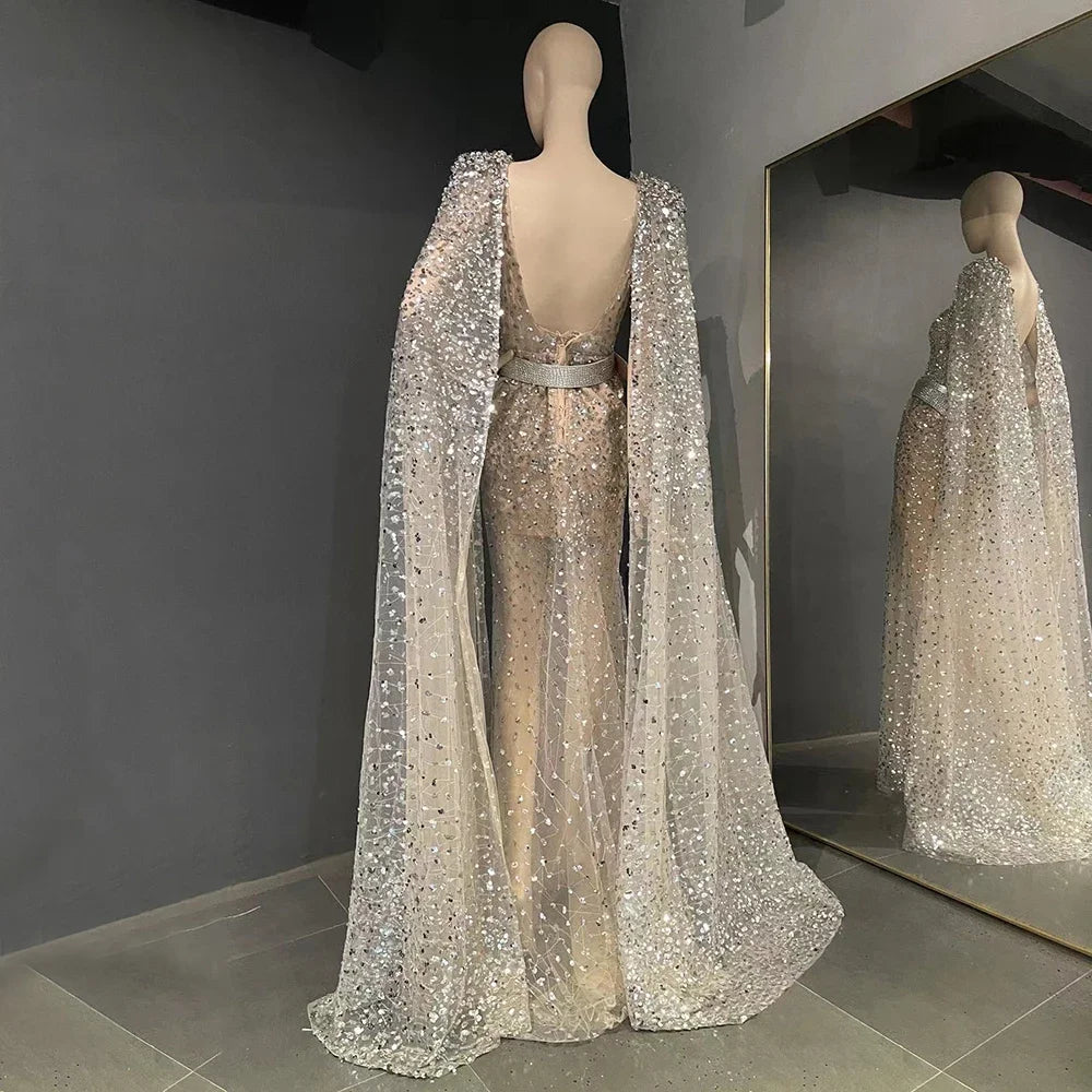 Serene Hill Nude Mermaid Evening Gown with Luxury Cape Sleeves Beaded Elegance and Backless for Women&