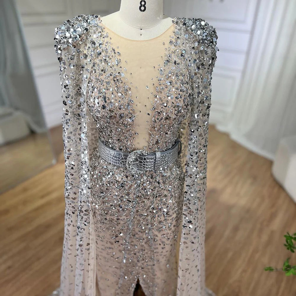 Serene Hill Nude Mermaid Evening Gown with Luxury Cape Sleeves Beaded Elegance and Backless for Women&