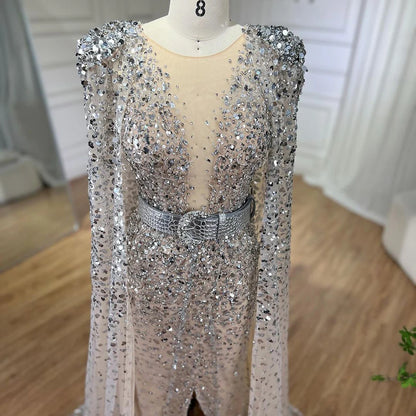 Serene Hill Nude Mermaid Evening Gown with Luxury Cape Sleeves Beaded Elegance and Backless for Women&