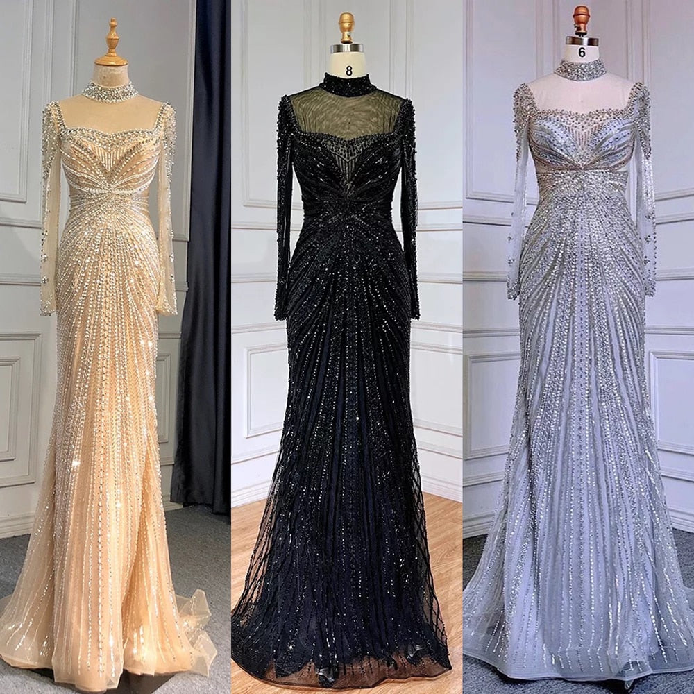 Luxury Nude Modest Beaded Tassel Mermaid Evening Dress LA71533 - SERENE HILL