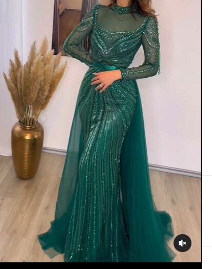 Luxury Nude Modest Beaded Tassel Mermaid Evening Dress LA71533 - SERENE HILL