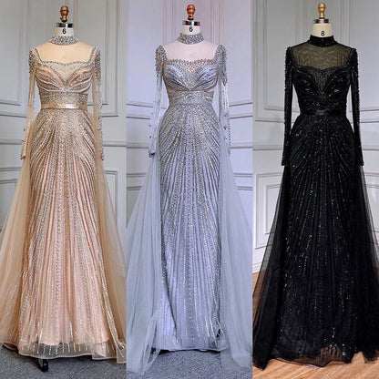 Luxury Nude Modest Beaded Tassel Mermaid Evening Dress LA71533 - SERENE HILL