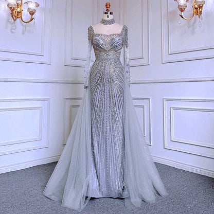 Luxury Nude Modest Beaded Tassel Mermaid Evening Dress LA71533 - SERENE HILL