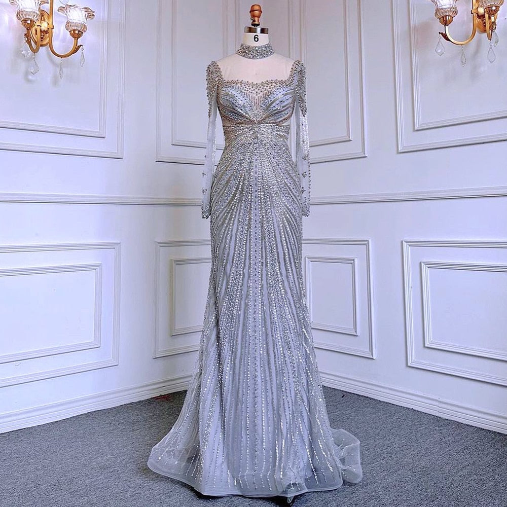 Luxury Nude Modest Beaded Tassel Mermaid Evening Dress LA71533 - SERENE HILL