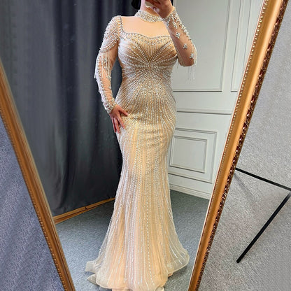Luxury Nude Modest Beaded Tassel Mermaid Evening Dress LA71533 - SERENE HILL