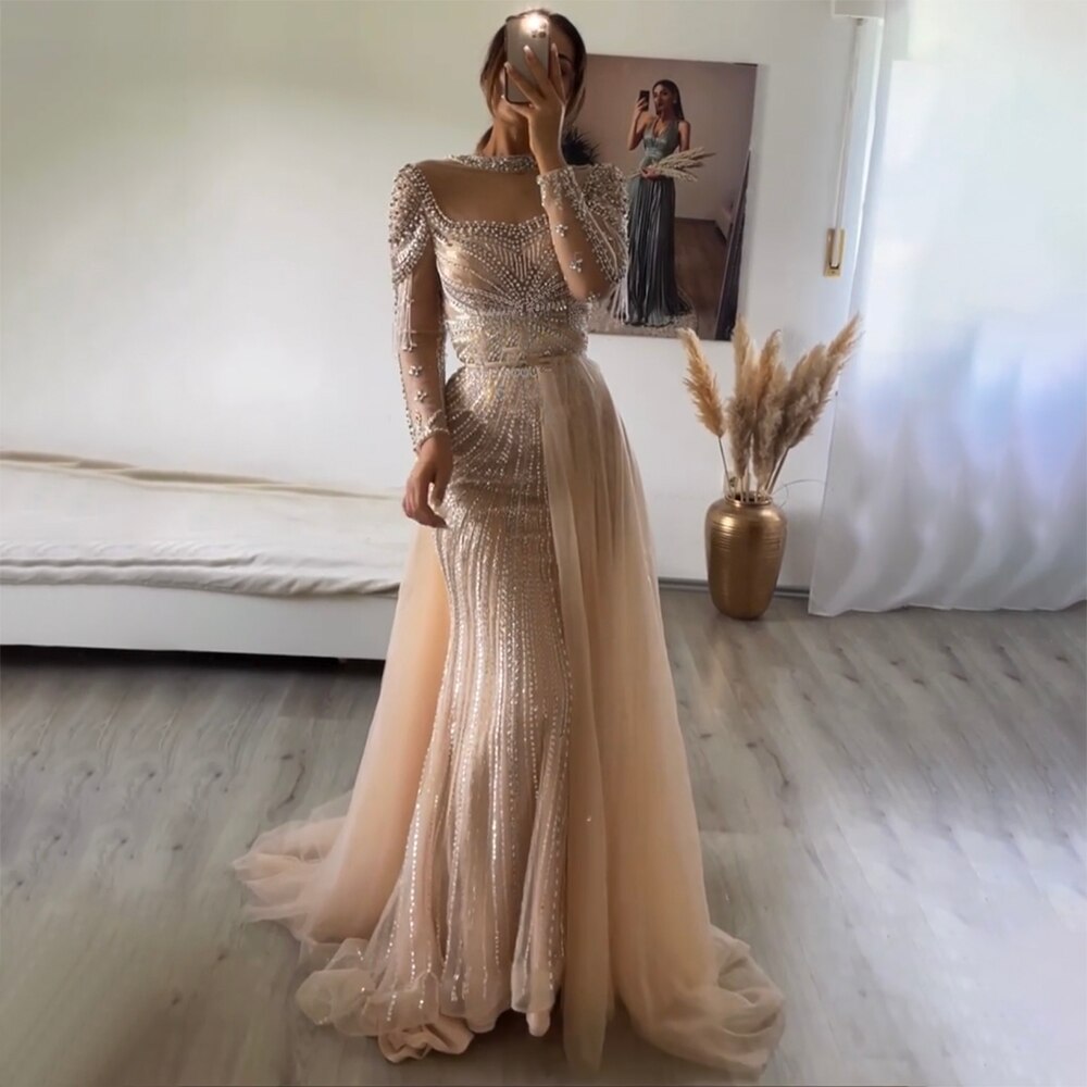 Luxury Nude Modest Beaded Tassel Mermaid Evening Dress LA71533 - SERENE HILL
