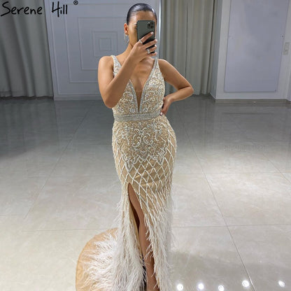 Serene Hill Nude Pink Mermaid High Split Elegant Evening Dresses Gowns 2025 Luxury Feathers Beading Sexy For Women Party LA70791 - SERENE HILL