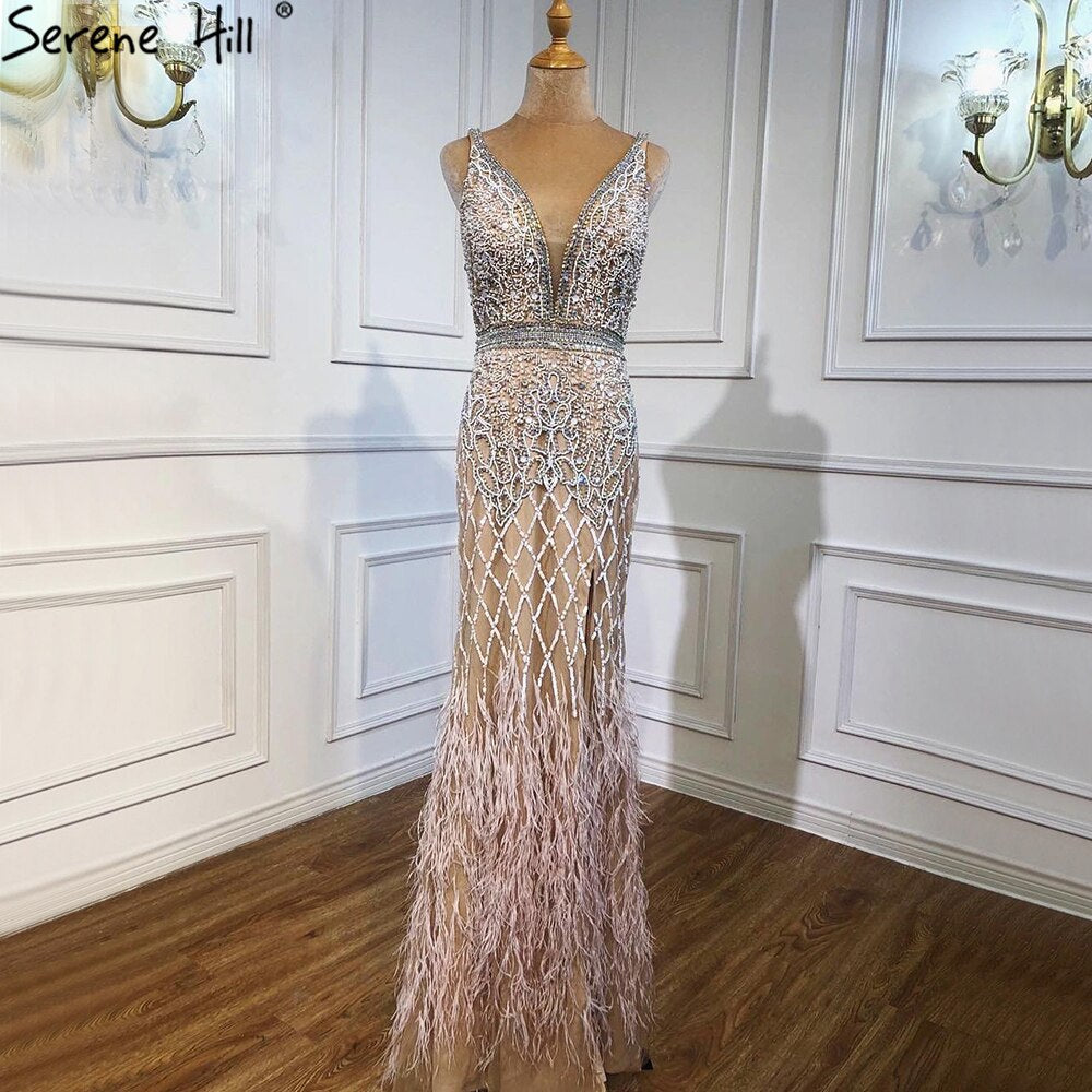 Serene Hill Nude Pink Mermaid High Split Elegant Evening Dresses Gowns 2025 Luxury Feathers Beading Sexy For Women Party LA70791 - SERENE HILL