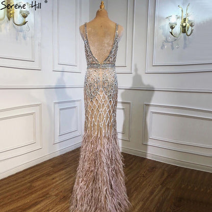Serene Hill Nude Pink Mermaid High Split Elegant Evening Dresses Gowns 2025 Luxury Feathers Beading Sexy For Women Party LA70791 - SERENE HILL