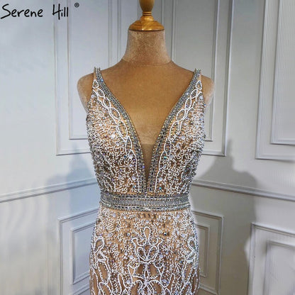 Serene Hill Nude Pink Mermaid High Split Elegant Evening Dresses Gowns 2025 Luxury Feathers Beading Sexy For Women Party LA70791 - SERENE HILL