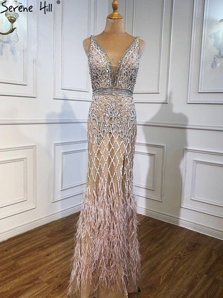 Serene Hill Nude Pink Mermaid High Split Elegant Evening Dresses Gowns 2025 Luxury Feathers Beading Sexy For Women Party LA70791 - SERENE HILL
