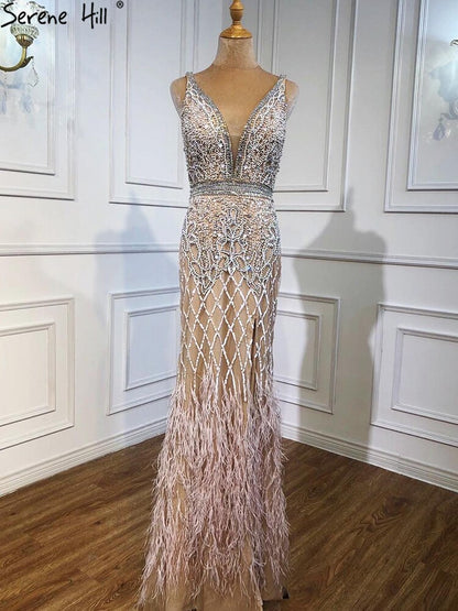 Serene Hill Nude Pink Mermaid High Split Elegant Evening Dresses Gowns 2025 Luxury Feathers Beading Sexy For Women Party LA70791 - SERENE HILL