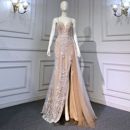 Serene Hill Nude Spaghetti Strap Luxury Evening Dresses Gowns 2025 Mermaid Beaded Elegant Overskirt For Women Party LA71599 - SERENE HILL
