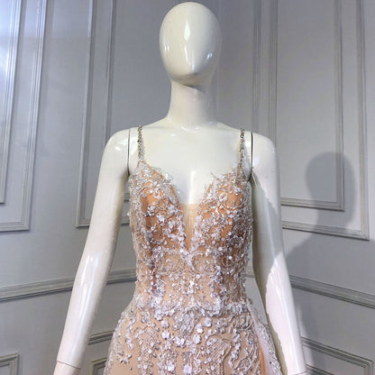 Serene Hill Nude Spaghetti Strap Luxury Evening Dresses Gowns 2025 Mermaid Beaded Elegant Overskirt For Women Party LA71599 - SERENE HILL