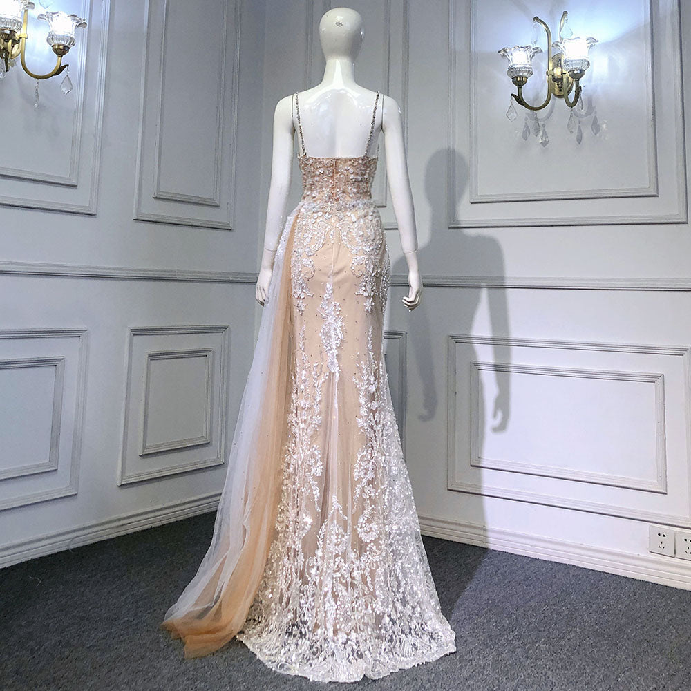 Serene Hill Nude Spaghetti Strap Luxury Evening Dresses Gowns 2025 Mermaid Beaded Elegant Overskirt For Women Party LA71599 - SERENE HILL