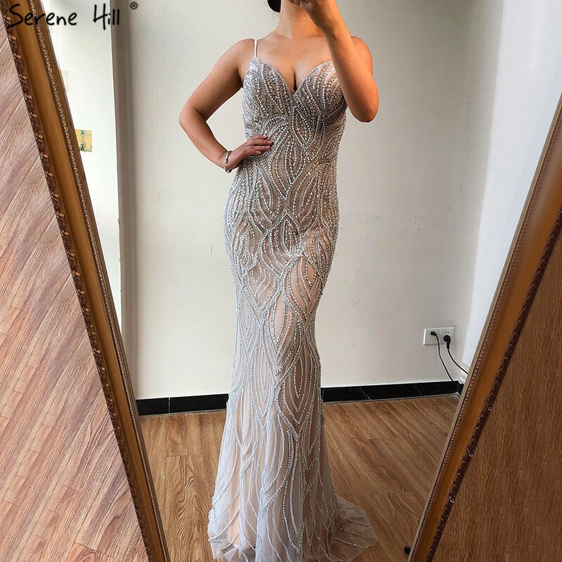 Serene Hill Nude White Mermaid Evening Dresses Gowns 2025 Spaghetti Strap Luxury Elegant For Women Party LA70214 - SERENE HILL