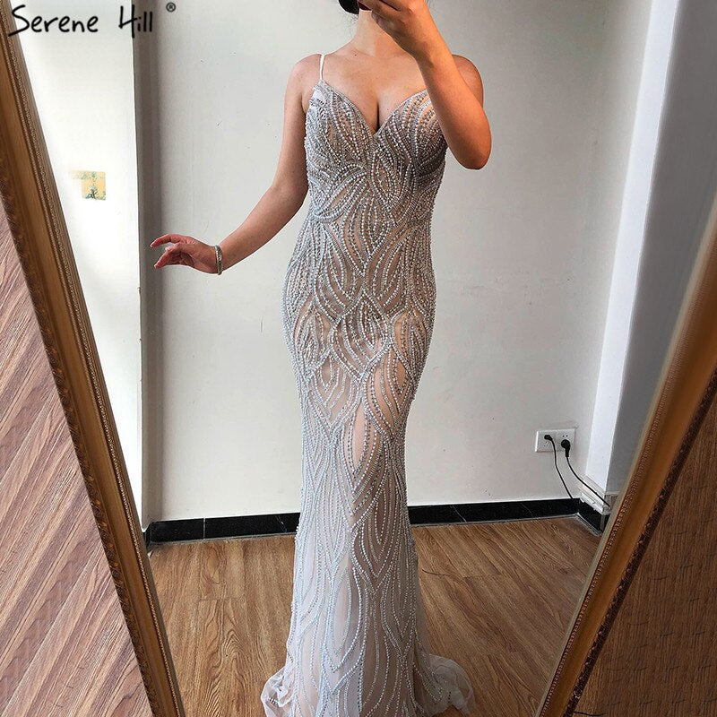 Serene Hill Nude White Mermaid Evening Dresses Gowns 2025 Spaghetti Strap Luxury Elegant For Women Party LA70214 - SERENE HILL