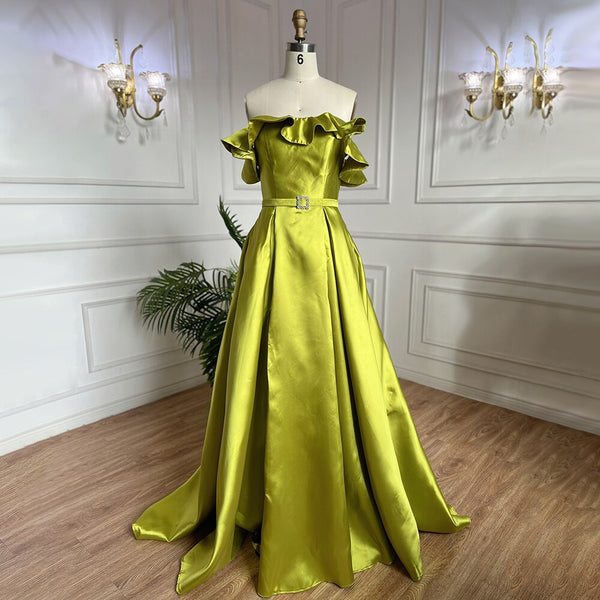 Serene Hill Olive Green A-Line Sexy Satin Off Shoulder Evening Dresses Long Luxury 2025 Celebrity Gowns For Woman Party LA70245