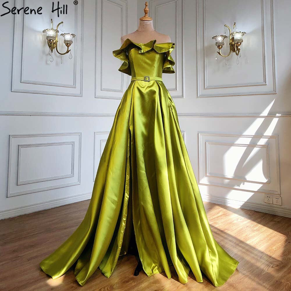Serene Hill Olive Green A-Line Sexy Satin Off Shoulder Evening Dresses Long Luxury 2025 Celebrity Gowns For Woman Party LA70245 - SERENE HILL