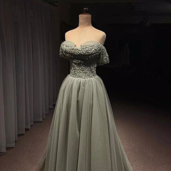 Serene Hill Olive Green A-Line Sweetheart Neck Evening Dresses Gowns 2025 Luxury Beaded For Woman Party LA71681
