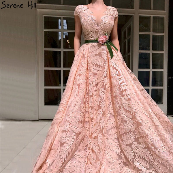 On Sale No Return No Refund  Serene Hill Peach Flowers Belt Evening Dresses Gowns 2025 A-Line Cap Sleeves Sexy For Women Party LA60771