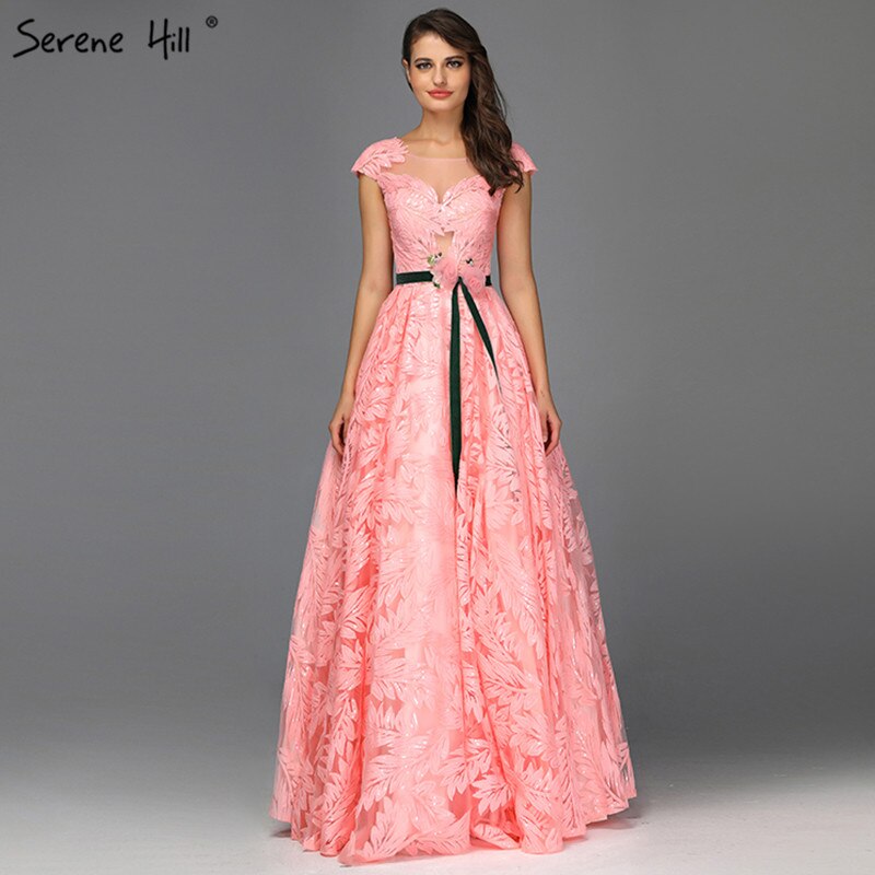 On Sale No Return No Refund Serene Hill Peach Flowers Belt Evening Dresses Gowns 2025 A-Line Cap Sleeves Sexy For Women Party LA60771 - SERENE HILL
