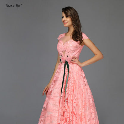 On Sale No Return No Refund Serene Hill Peach Flowers Belt Evening Dresses Gowns 2025 A-Line Cap Sleeves Sexy For Women Party LA60771 - SERENE HILL