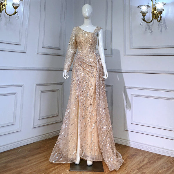 Serene Hill Peach Mermaid Elegant Evening Dresses Gowns 2025 Beaded Luxury Overskirt For Women Party LA71527