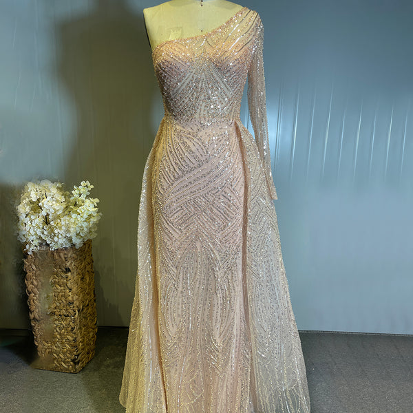 Serene Hill Peach Mermaid Overrok Luxe Avond Jurken 2025 Kralen Elegante Sexy Voor Vrouwen Party LA71563