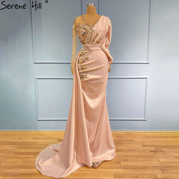 Serene Hill Peach Mermaid Satin Evening Dresses Gowns 2025 Elegant Beaded Overskirt For Women Party LA71344