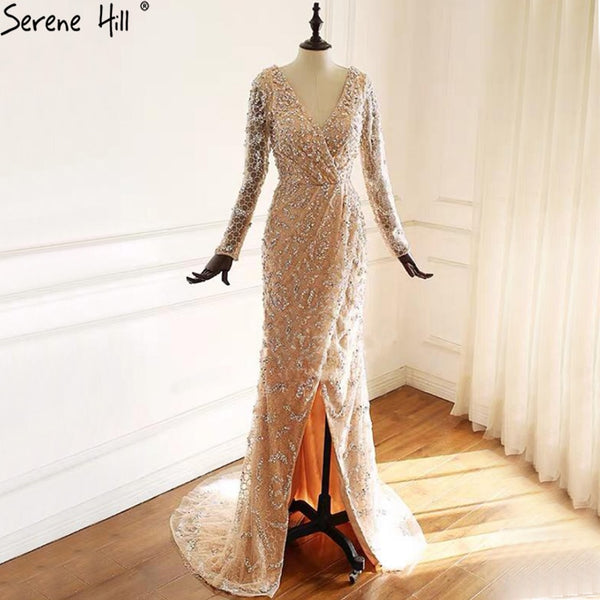 Serene Hill Peach Mermaid V-Neck Evening Dresses  2025 Dubai Long Sleeves Beading Formal Dress Design LA70499