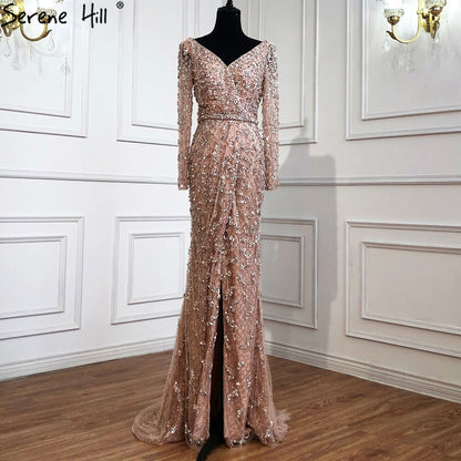 Serene Hill Peach Mermaid V-Neck Evening Dresses 2025 Dubai Long Sleeves Beading Formal Dress Design LA70499 - SERENE HILL