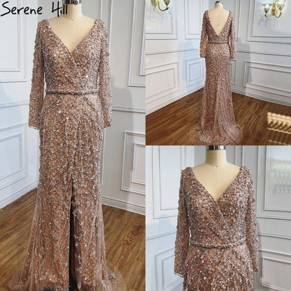 Serene Hill Peach Mermaid V-Neck Evening Dresses 2025 Dubai Long Sleeves Beading Formal Dress Design LA70499 - SERENE HILL