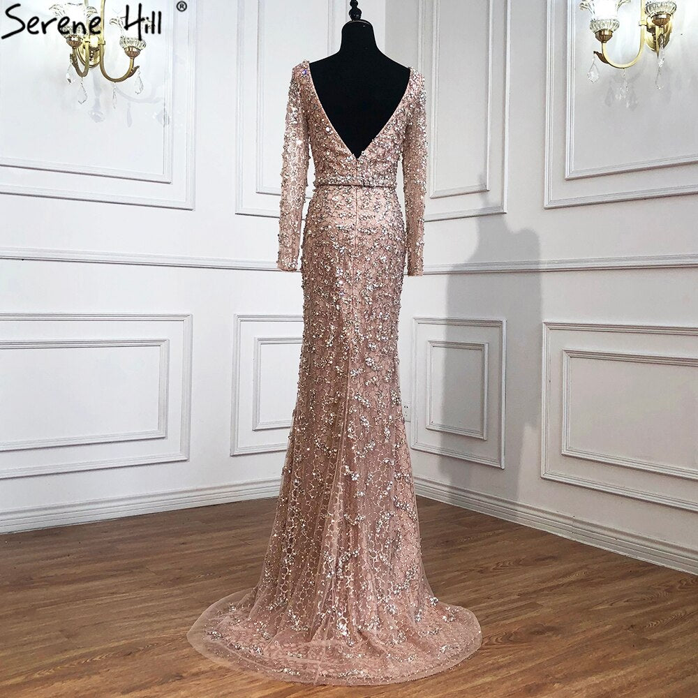 Serene Hill Peach Mermaid V-Neck Evening Dresses 2025 Dubai Long Sleeves Beading Formal Dress Design LA70499 - SERENE HILL