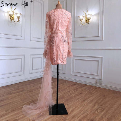 Serene Hill Peach Mermaid With Train Cocktail Dresses 2025 Beading Feathers Elegant Designer For Women Party LA71113 - SERENE HILL
