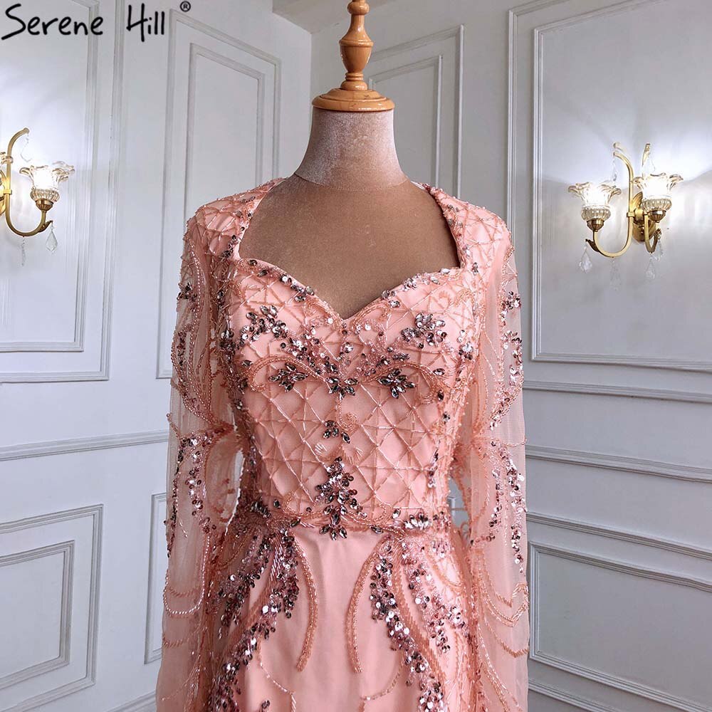 Serene Hill Peach Mermaid With Train Cocktail Dresses 2025 Beading Feathers Elegant Designer For Women Party LA71113 - SERENE HILL