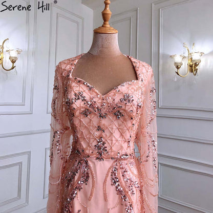 Serene Hill Peach Mermaid With Train Cocktail Dresses 2025 Beading Feathers Elegant Designer For Women Party LA71113 - SERENE HILL