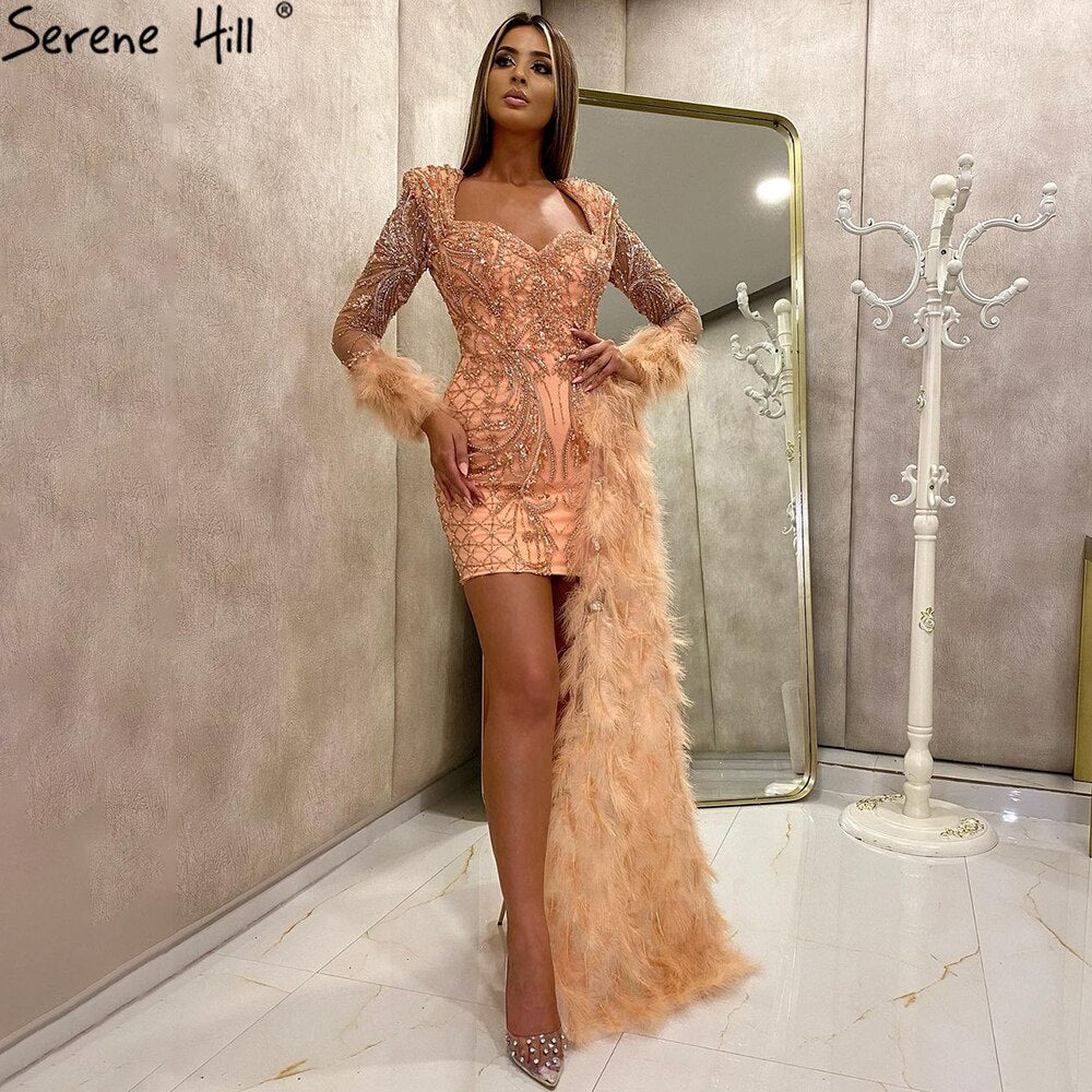 Serene Hill Peach Mermaid With Train Cocktail Dresses 2025 Beading Feathers Elegant Designer For Women Party LA71113 - SERENE HILL