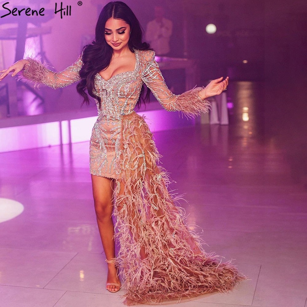 Serene Hill Peach Mermaid With Train Cocktail Dresses 2025 Beading Feathers Elegant Designer For Women Party LA71113
