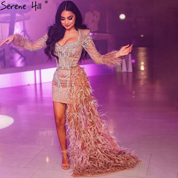 Serene Hill Peach Mermaid With Train Cocktail Dresses 2025 Beading Feathers Elegant Designer For Women Party LA71113