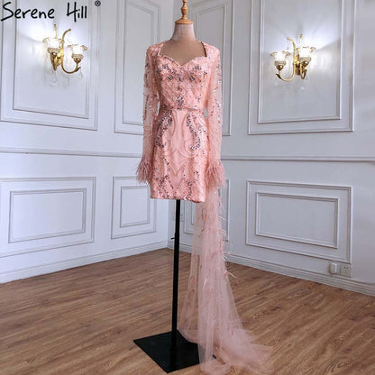 Serene Hill Peach Mermaid With Train Cocktail Dresses 2025 Beading Feathers Elegant Designer For Women Party LA71113 - SERENE HILL