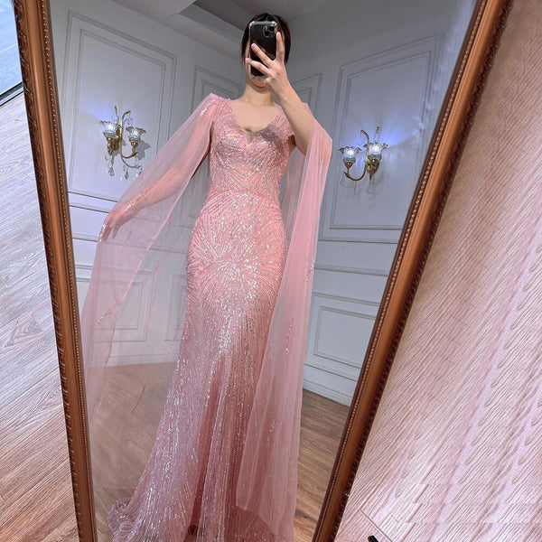 Serene Hill Peach Pink Mermaid Elegant Cape Sleeves Beaded Evening Dresses  Formal Arabic Gowns 2025 For Women Party LA72038