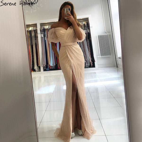 Serene Hill Peach Puff Sleeves Luxury Evening Dresses Gowns  Split Mermaid Elagant For Women Party LA70736