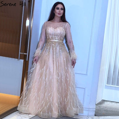 Serene Hill Pink A-Line Dubai Design Feathers Long Sleeves Luxury Beaded Evening Dresses Gowns For Women Party 2025 LA60836 - SERENE HILL