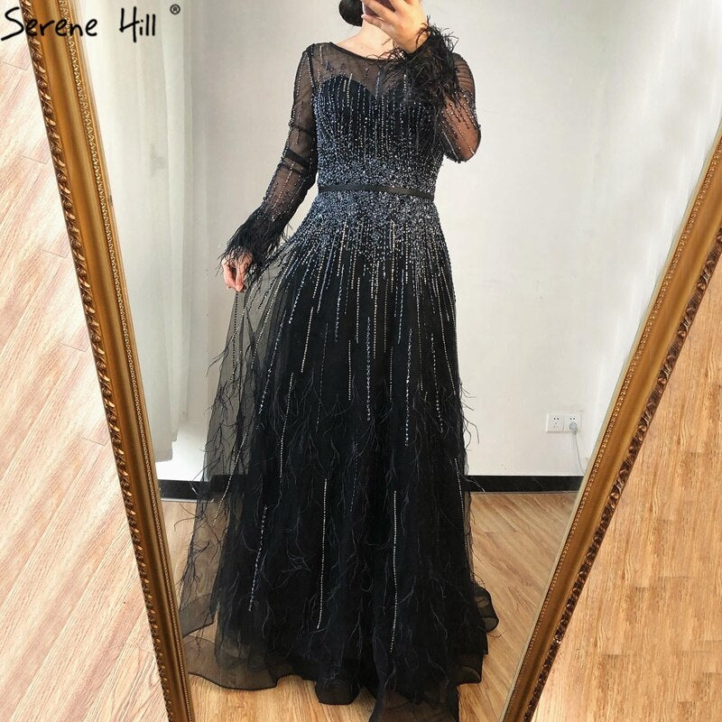 Serene Hill Pink A-Line Dubai Design Feathers Long Sleeves Luxury Beaded Evening Dresses Gowns For Women Party 2025 LA60836 - SERENE HILL