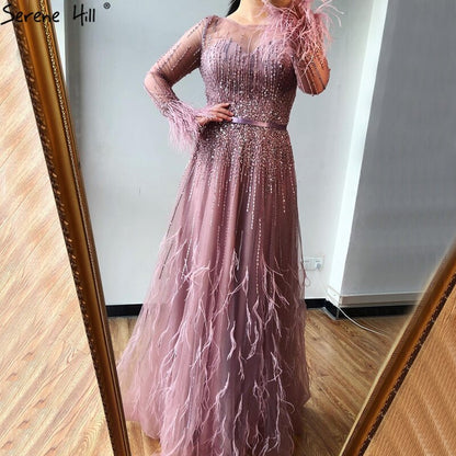Serene Hill Pink A-Line Dubai Design Feathers Long Sleeves Luxury Beaded Evening Dresses Gowns For Women Party 2025 LA60836 - SERENE HILL