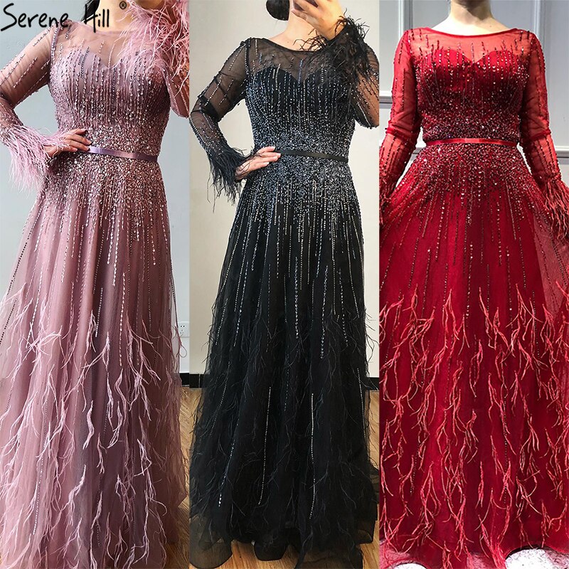 Serene Hill Pink A-Line Dubai Design Feathers Long Sleeves Luxury Beaded Evening Dresses Gowns For Women Party 2025 LA60836 - SERENE HILL